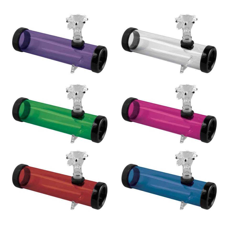Front view of the 6-inch Acrylic Steamroller, displaying a clear acrylic tube with a dark mouthpiece and varying color accents.