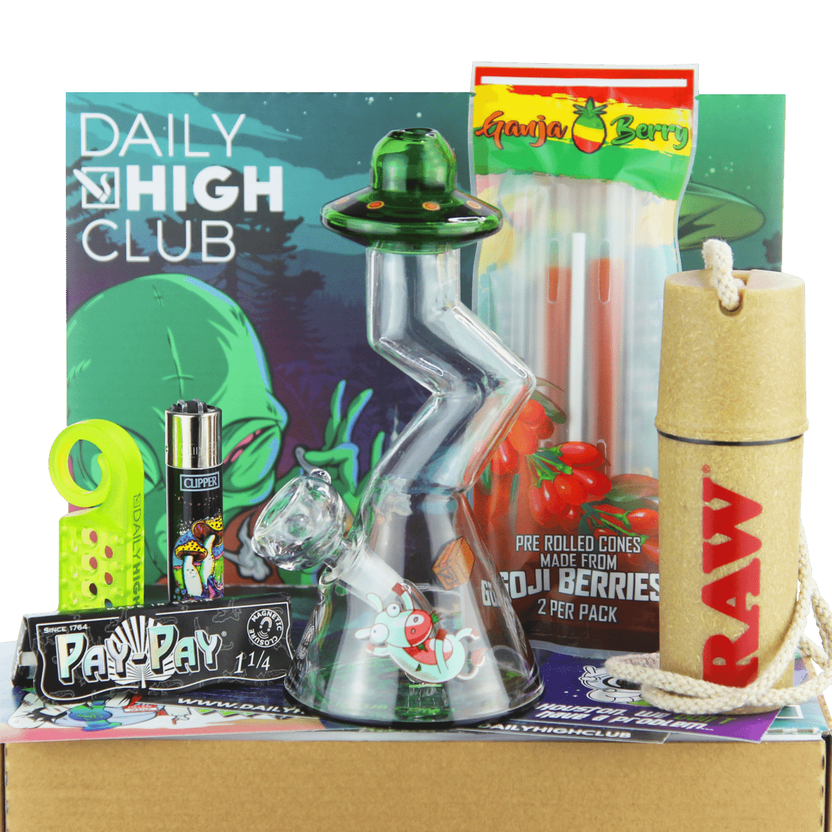 Front view of the “Alien Invasion” Smoking Box, featuring a colorful box with smoking accessories and packaging against a plain background.