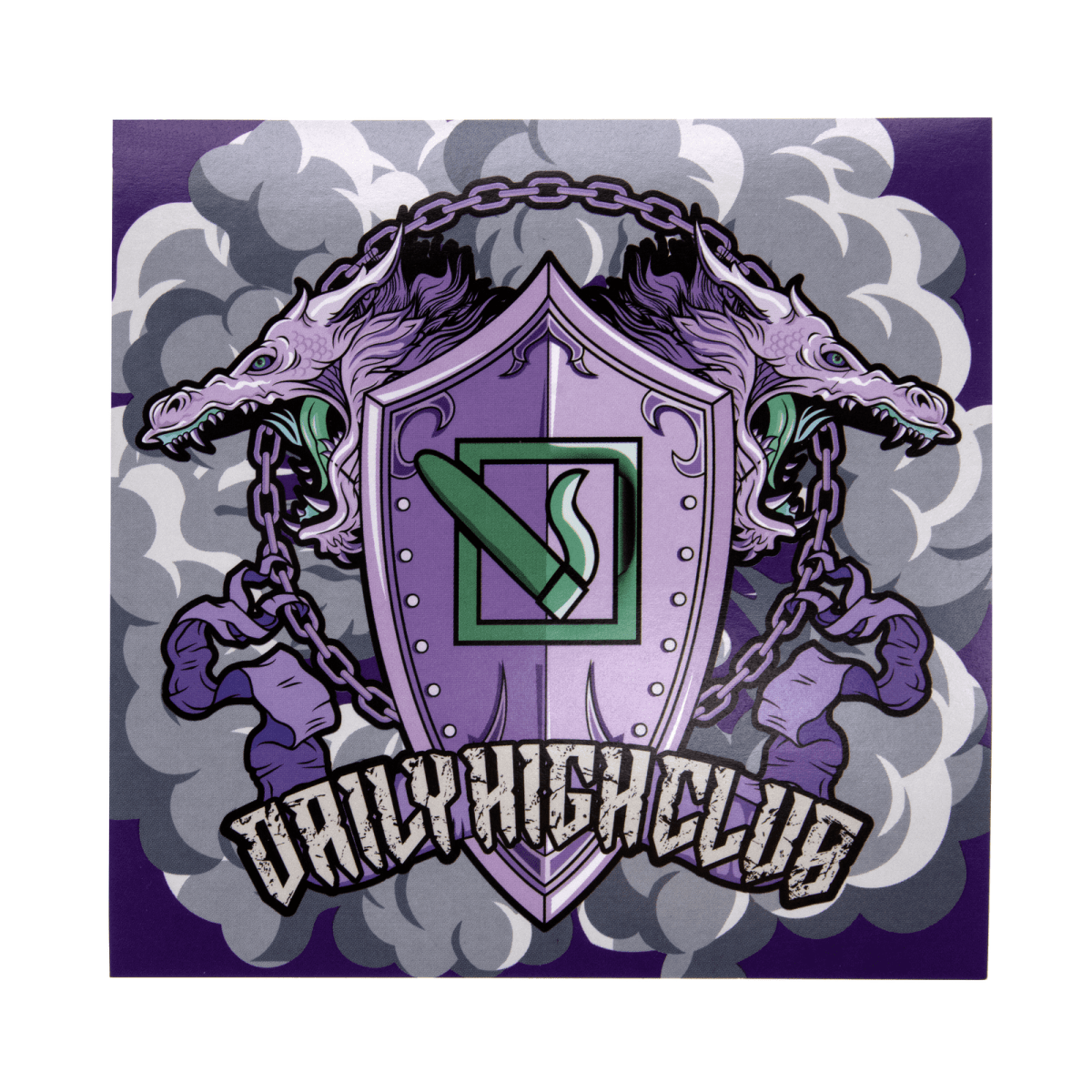 Front view of the “Dragon” Box with a shield-shaped design featuring dragon heads flanking a crest against a smoky background.