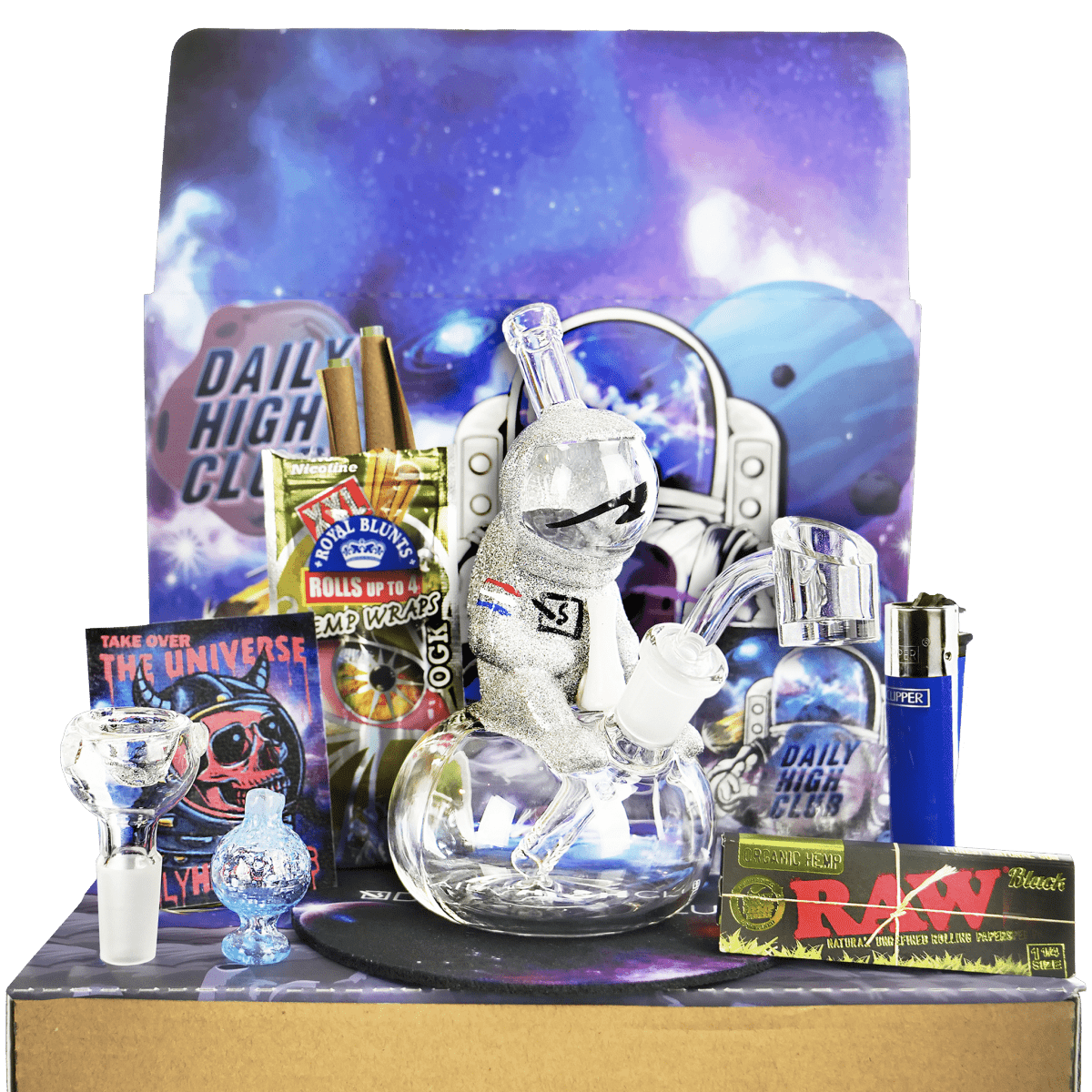 A studio shot displays the “Moon Man” Box with a collectible figure alongside smoking accessories and branded packaging.