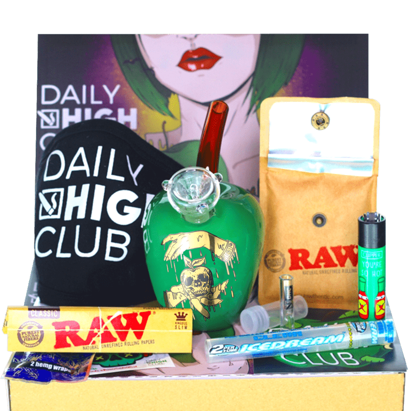 A front view of the “Poison Apple” Smoking Box, featuring a green glass piece with a branded package of rolling papers.