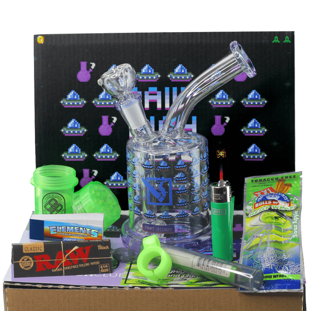 A slightly angled view of the “Start your Session” Smoking Box alongside rolling papers and a lighter, set on a wooden surface.