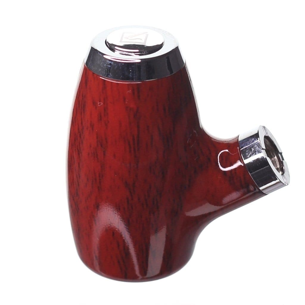 A detailed side view of the DHC Originals Wood Pipe Battery, showcasing its smooth, dark wood finish.