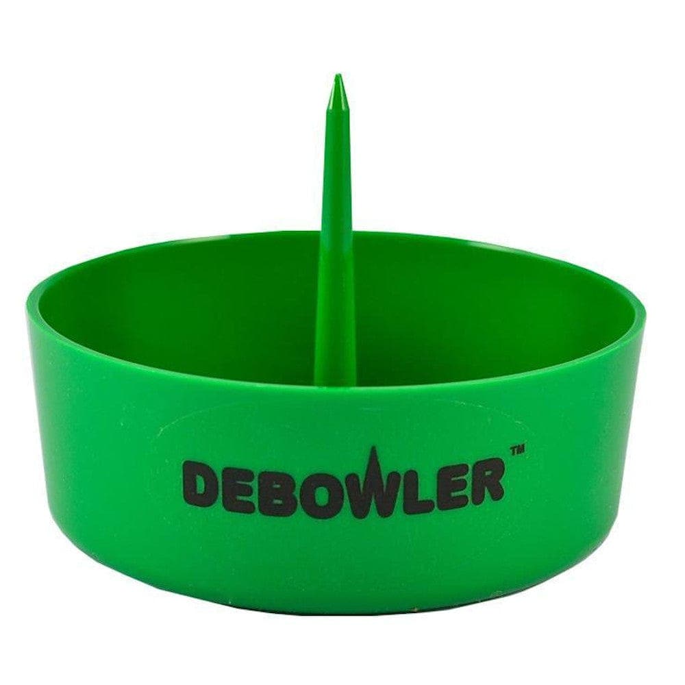 Front view of the Debowler Ashtray w/ Cleaning Spike, showcasing its green, circular design and central spike.