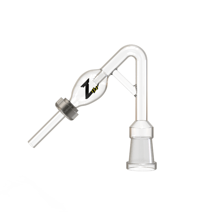 A diagonally angled view of the Stinger Female 45 Degree Dabbing Straw, showcasing its clear glass construction.