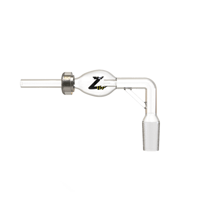 A close-up of the Stinger Male 90 Degree Dabbing Straw with a curved tip and clear glass construction.