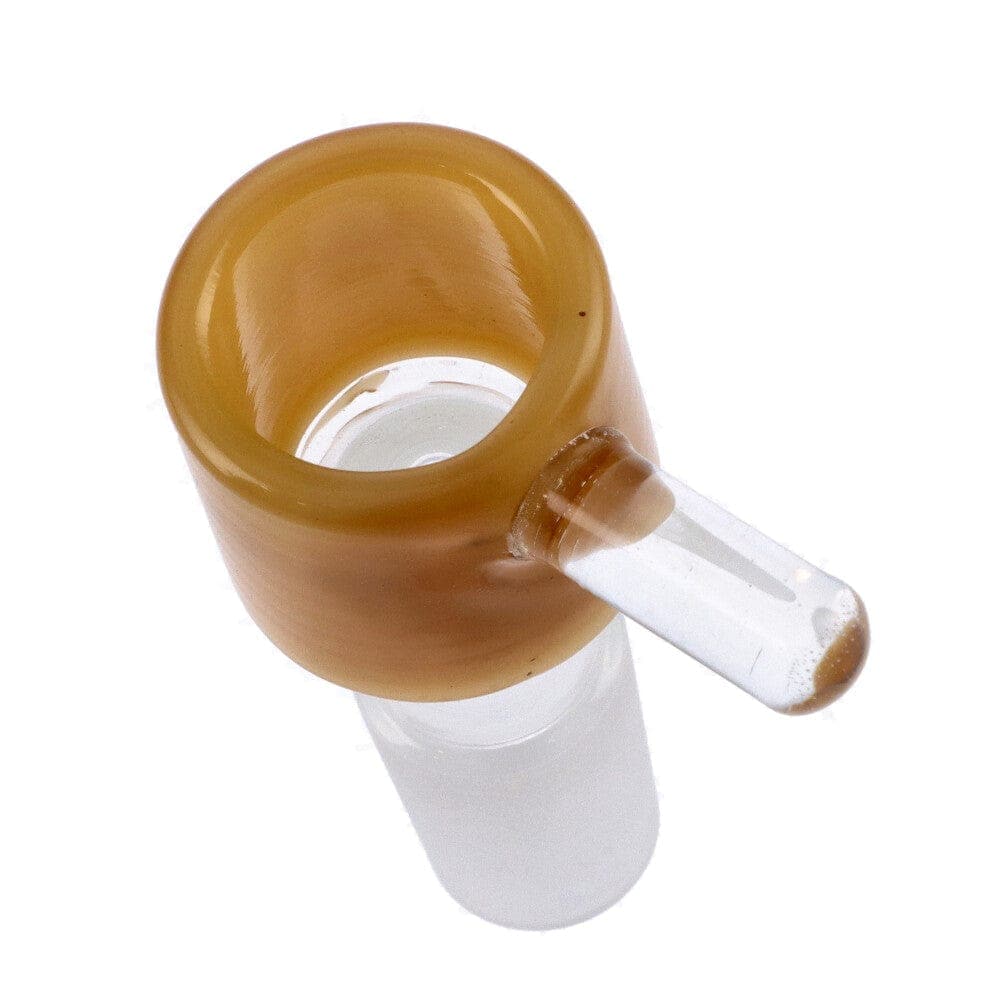 A close-up view of the Male Glass Replacement Bowl with Handle, showcasing its clear glass construction and curved design.