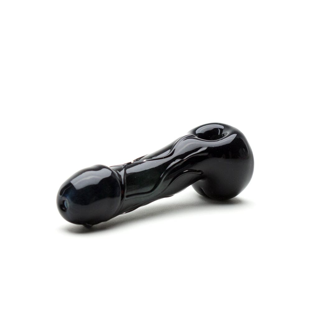 A side view of the Large Penis Spoon Pipe, showing its dark, glossy finish and curved shape against a plain white background.