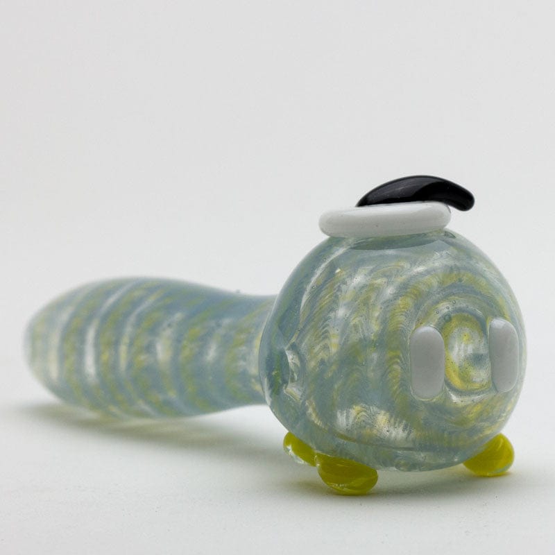 A side view of the Bomber Spoon Pipe, showcasing the colorful glass and rounded design against a white backdrop.