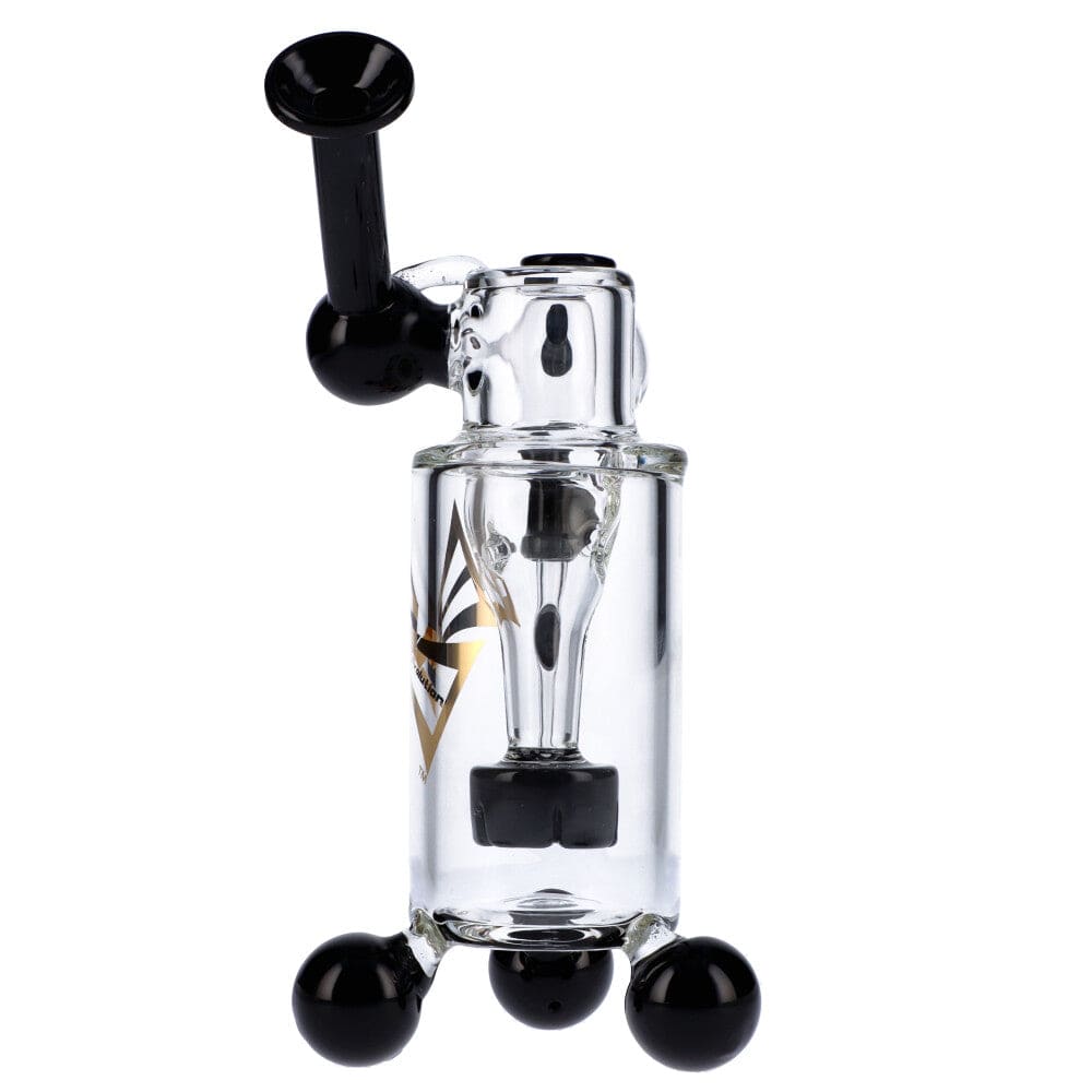 Front view of the Tropical Storm 7" Dab Rig, featuring a clear glass body with black accents and a rounded base.