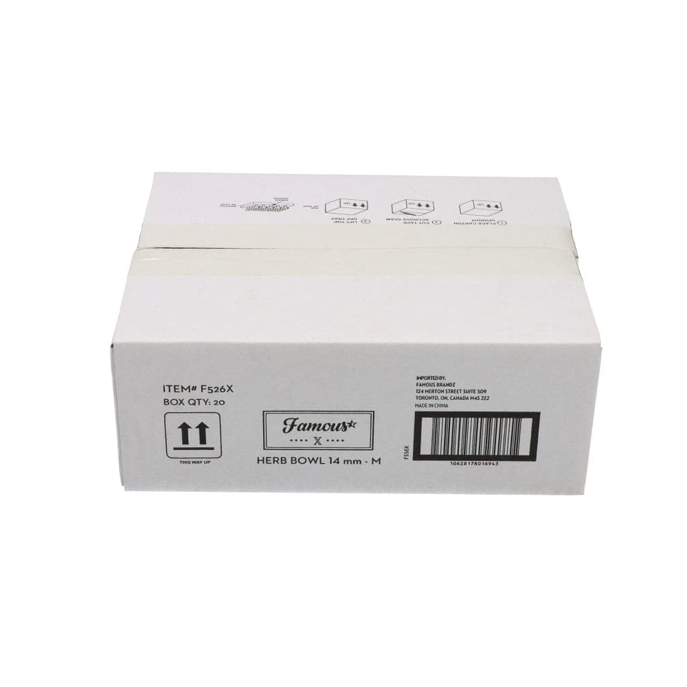 Close-up of the Famous X 14mm Male Replacement Bowls tray of 20| showing packaging details and a side view of the box.