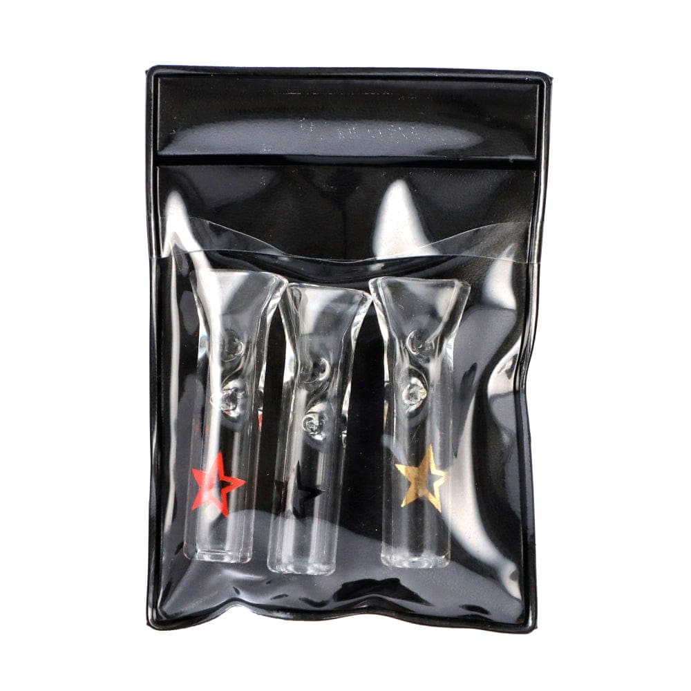 Front view of the Famous X Glass Filter Tips 3-Pack, showcasing the clear glass tips arranged within their transparent packaging.