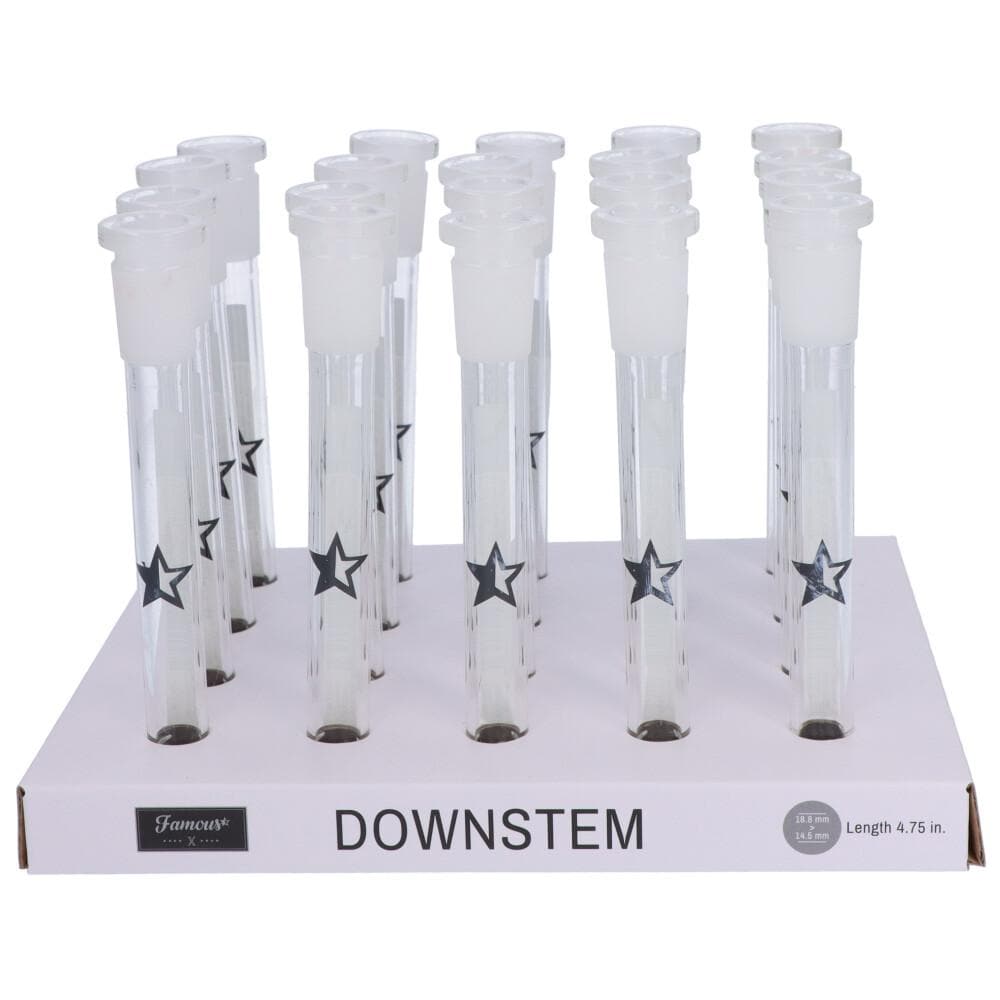 The Famous X 4.75" Downstem is shown in a close-up, angled view against a dark backdrop, highlighting its clear glass construction.