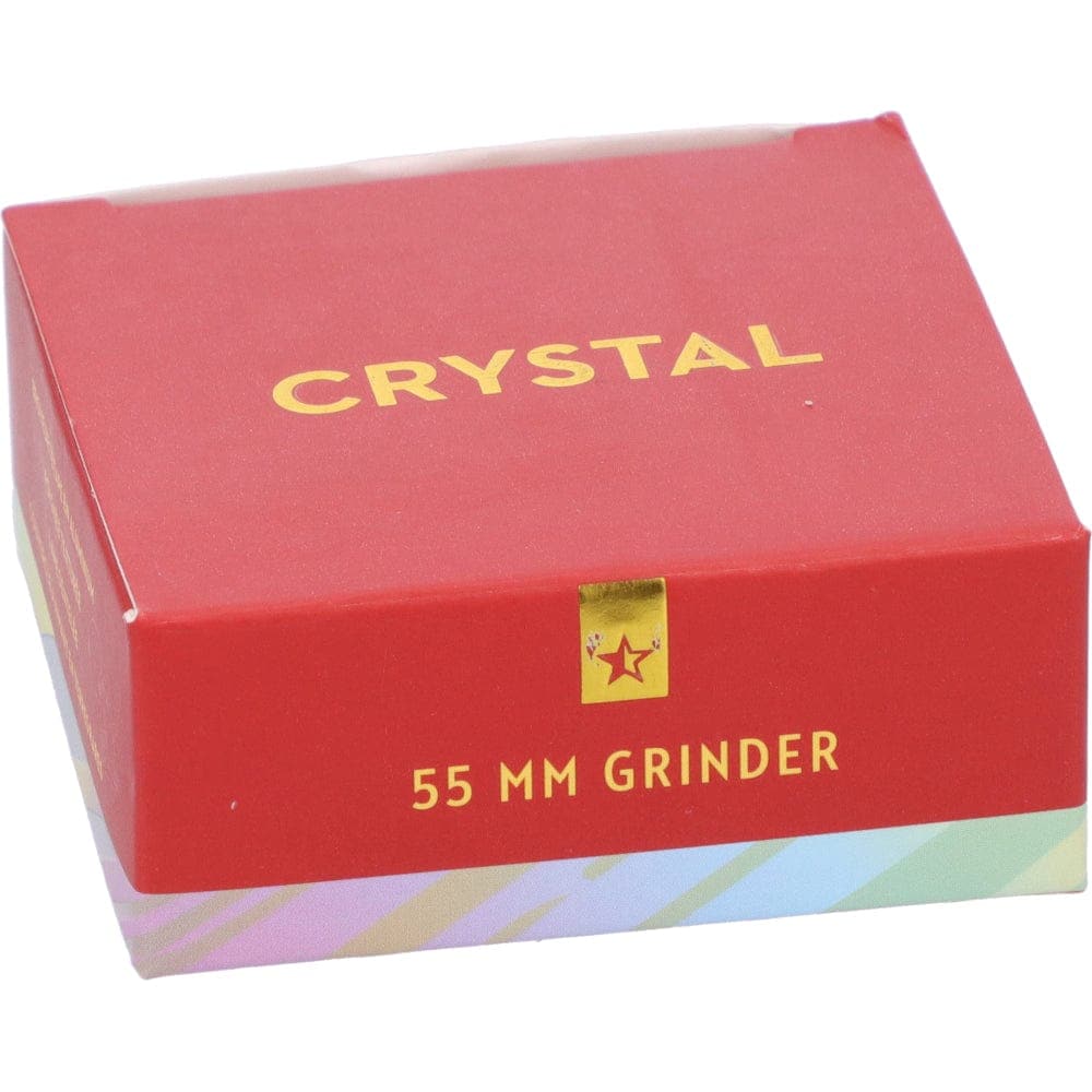Front view of the Famous X 55mm 1-Stage Grinder in crystal, showcasing its circular design and metallic finish.