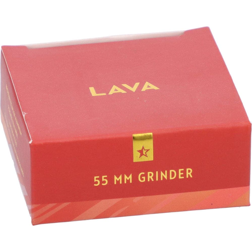 Front view of the Famous X 55mm 1-Stage Grinder in Lava, showing its sleek design and metallic finish.