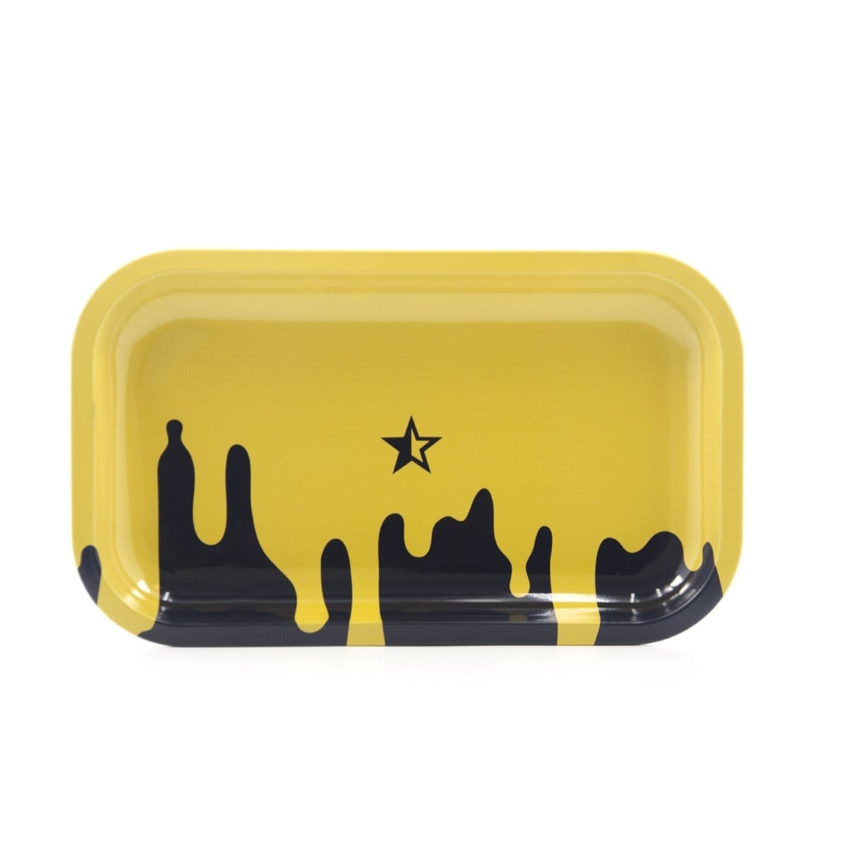 Front view of the Famous Brandz "Surrender" Rolling Tray, showing a black tray with a glossy finish and a smooth, curved edge.