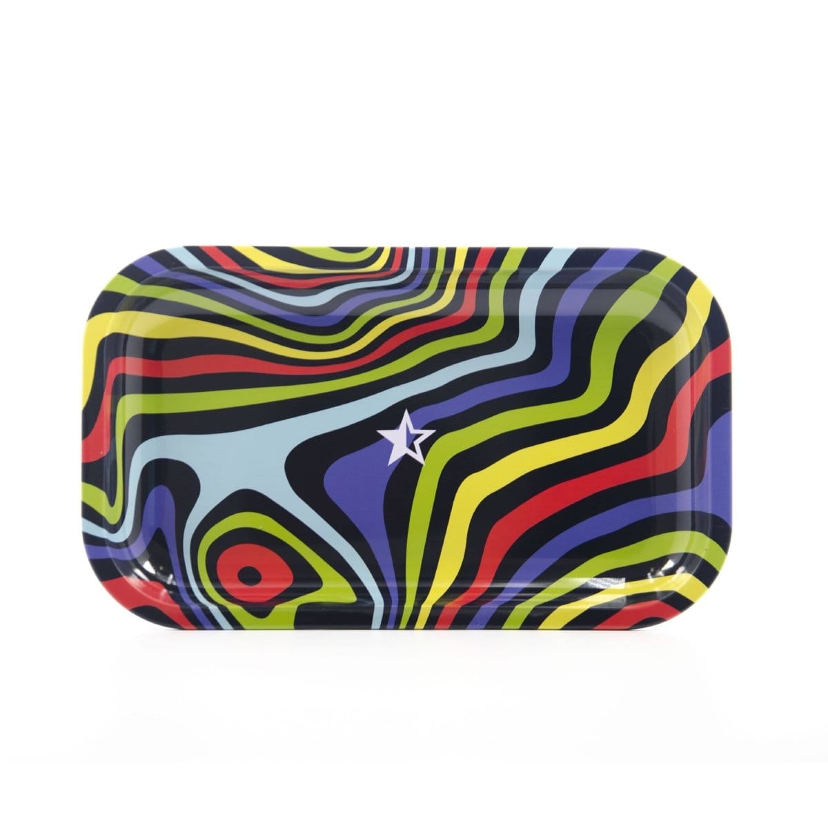 The Amnesia Rolling Tray features a colorful, swirling pattern against a dark background, shown from a slightly overhead angle.