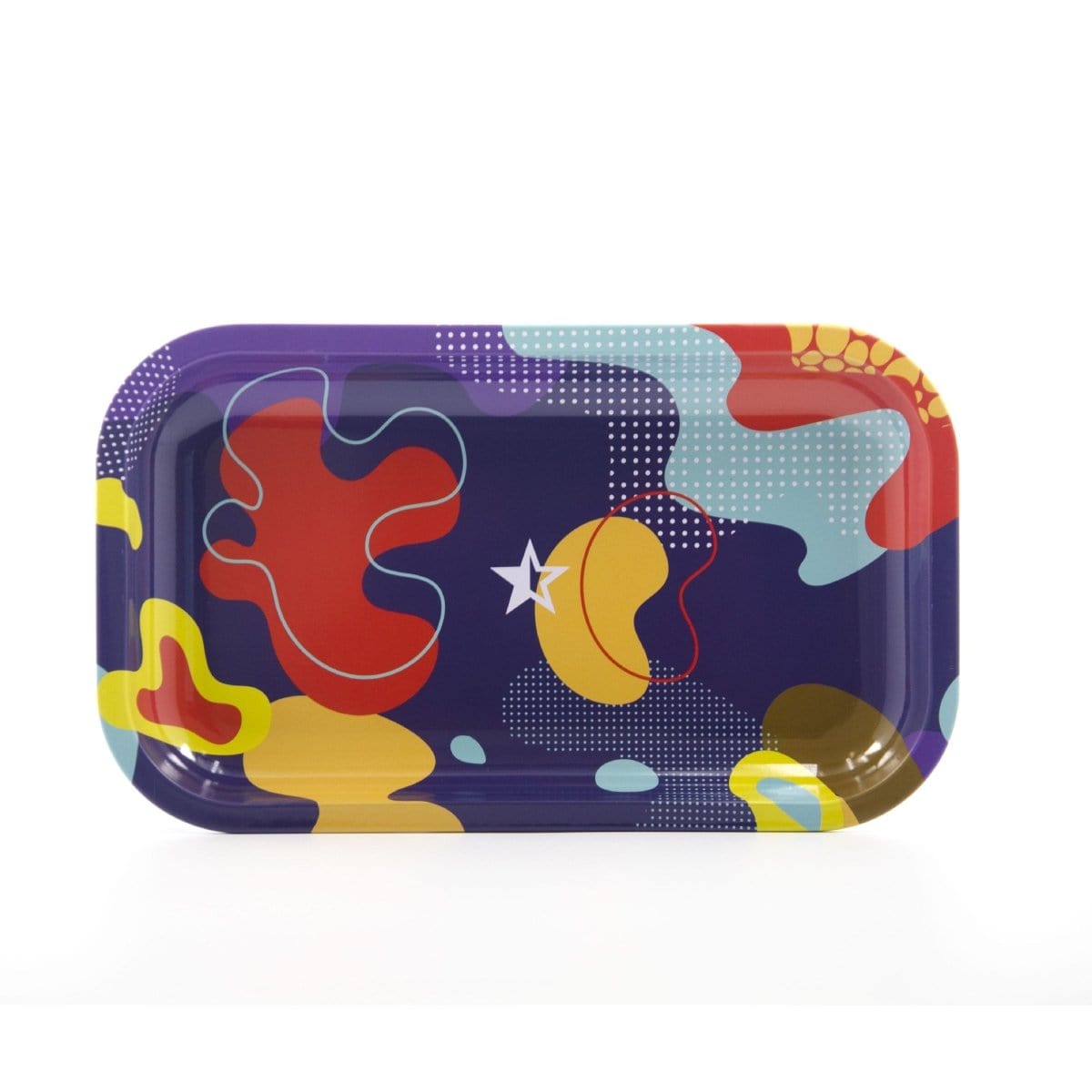 The Papaya Rolling Tray displays a vibrant, abstract design with swirling colors and shapes in a top-down view.