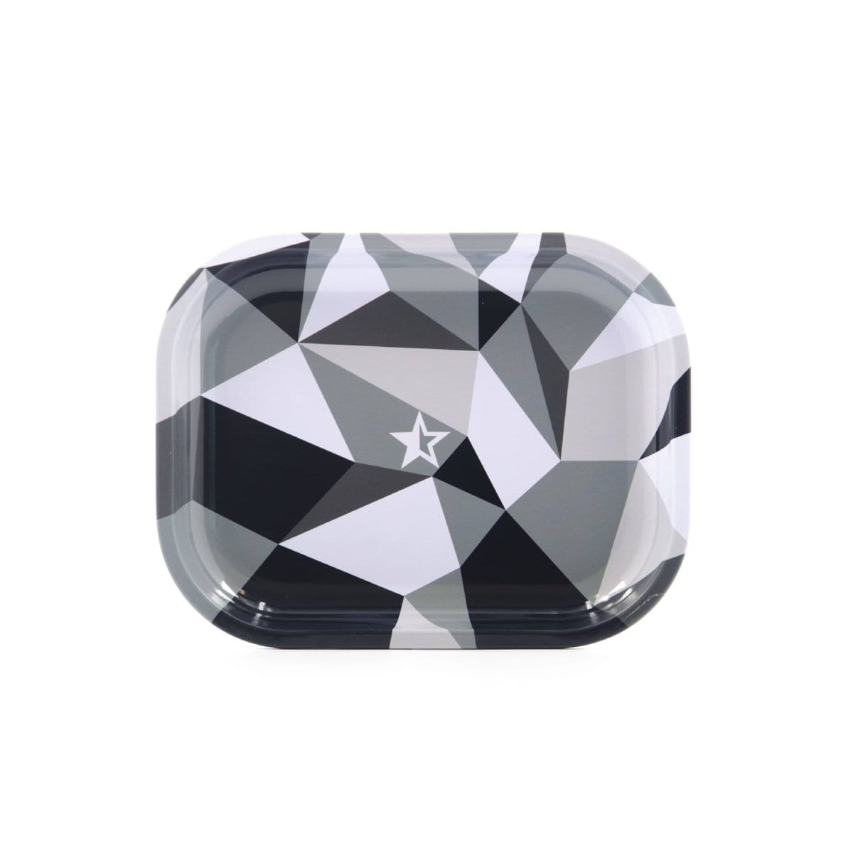 Digital Rolling Tray presented in a top-down view featuring a geometric pattern of black and white triangles.