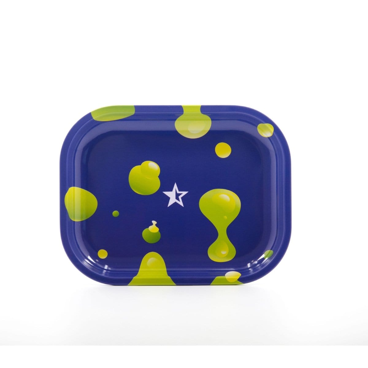 The Privilege Rolling Tray is pictured from above, displaying a colorful, speckled pattern on its surface.