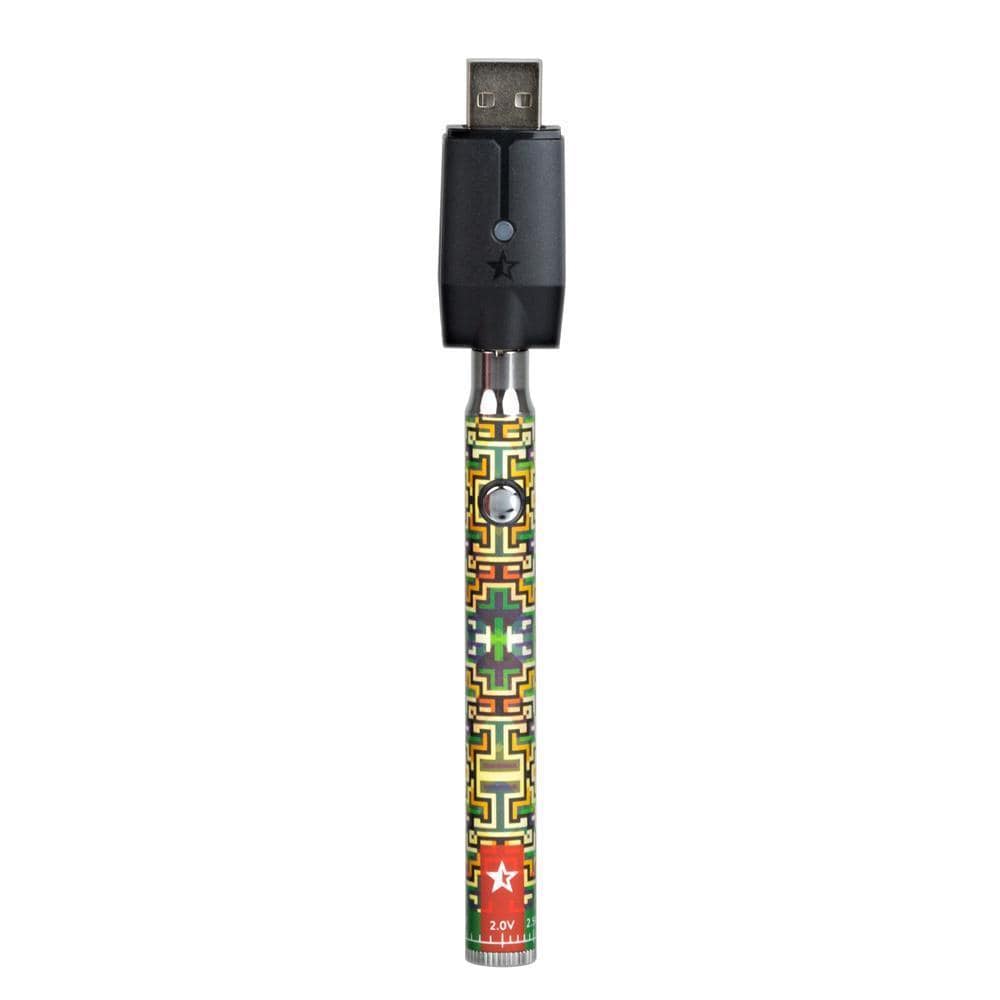 Front view of the Lit Sticc Adjustable Voltage Battery 8bit, showcasing its cylindrical shape and black charging port.