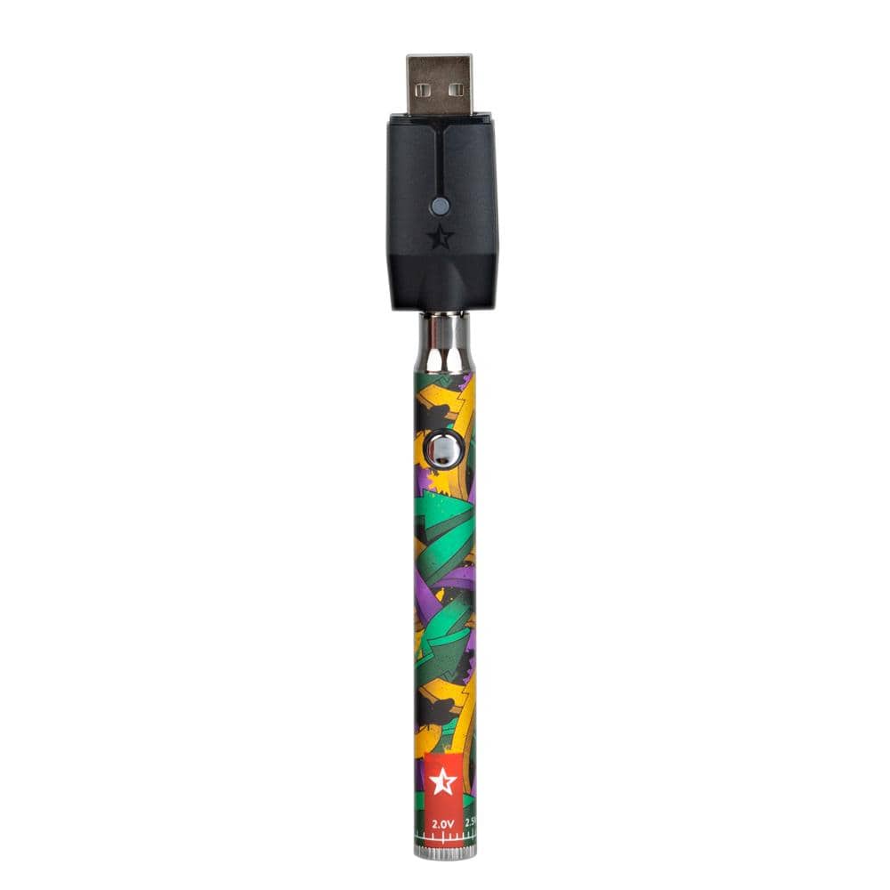 A straight-on shot of the Lit Sticc Adjustable Voltage Battery Pop with a colorful, patterned design and a charging port at the top.