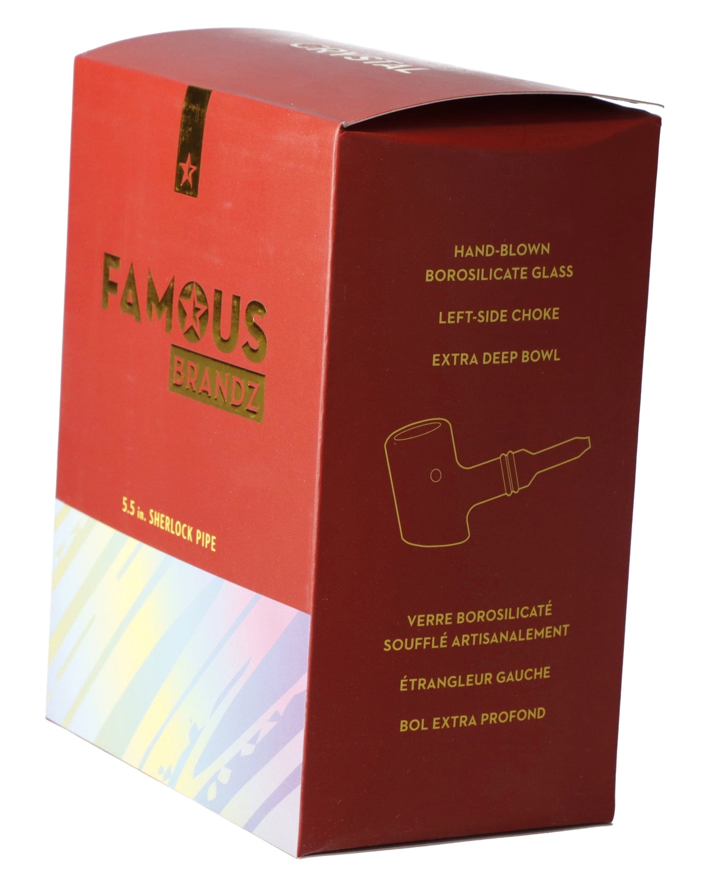 A front view of the Clear Famous X Crystal Fumed Large Sherlock Pipe, showcasing its clear glass and distinctive curved design.