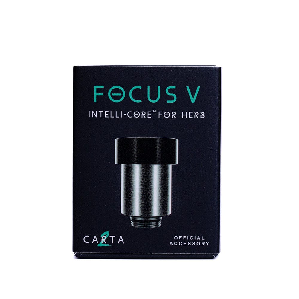 A close-up, angled view of the Focus V CARTA 2 Intelli-Core Atomizer, showcasing its metallic finish and compact design.