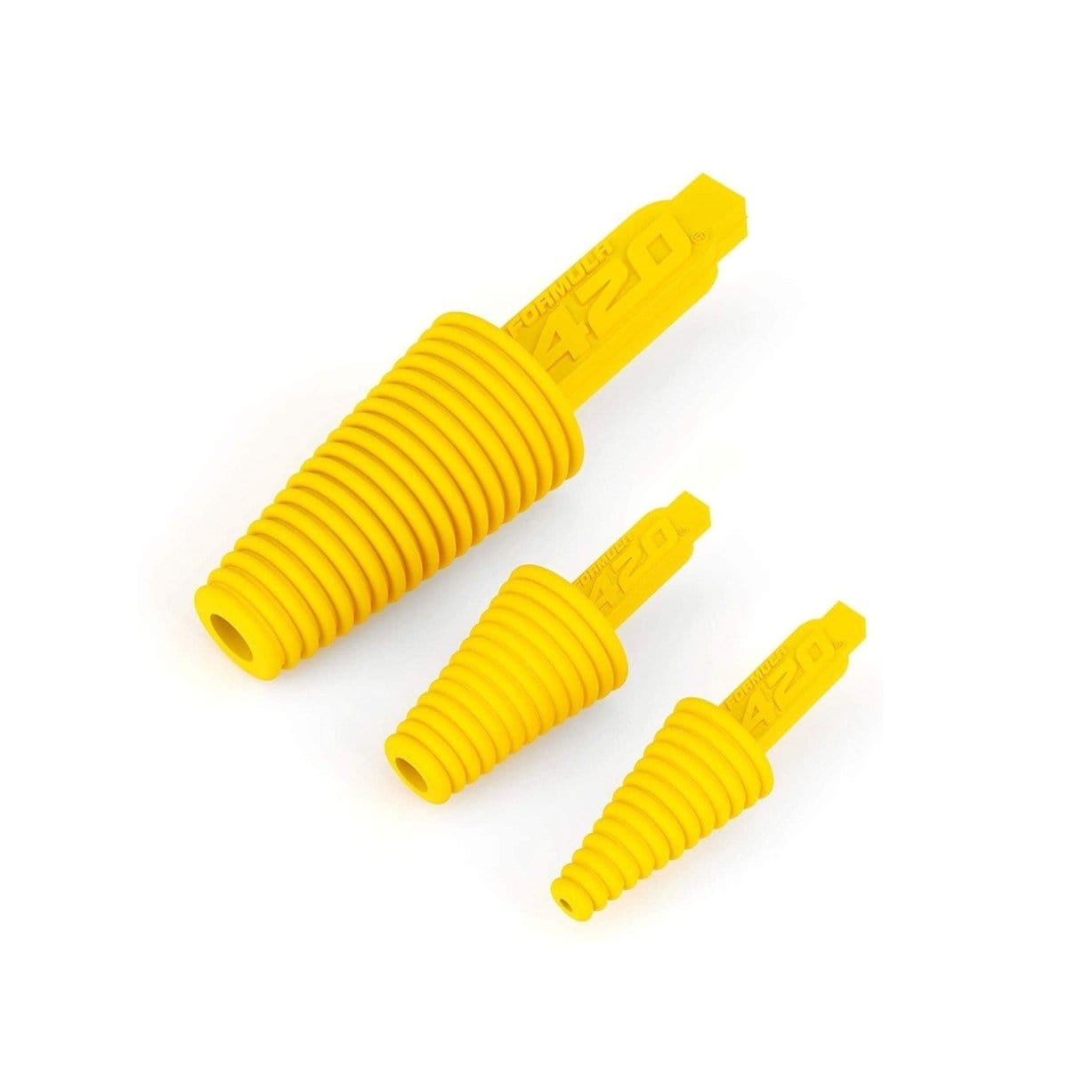 A clean, angled view of the Formula 420 Cleaning Plugs, showcasing the three rubber plugs neatly arranged against a stark white background.