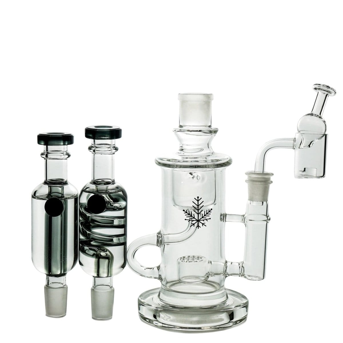 A studio shot displays the Freeze Pipe Klein Recycler, with its clear glass construction and unique, layered design visible in a side view.