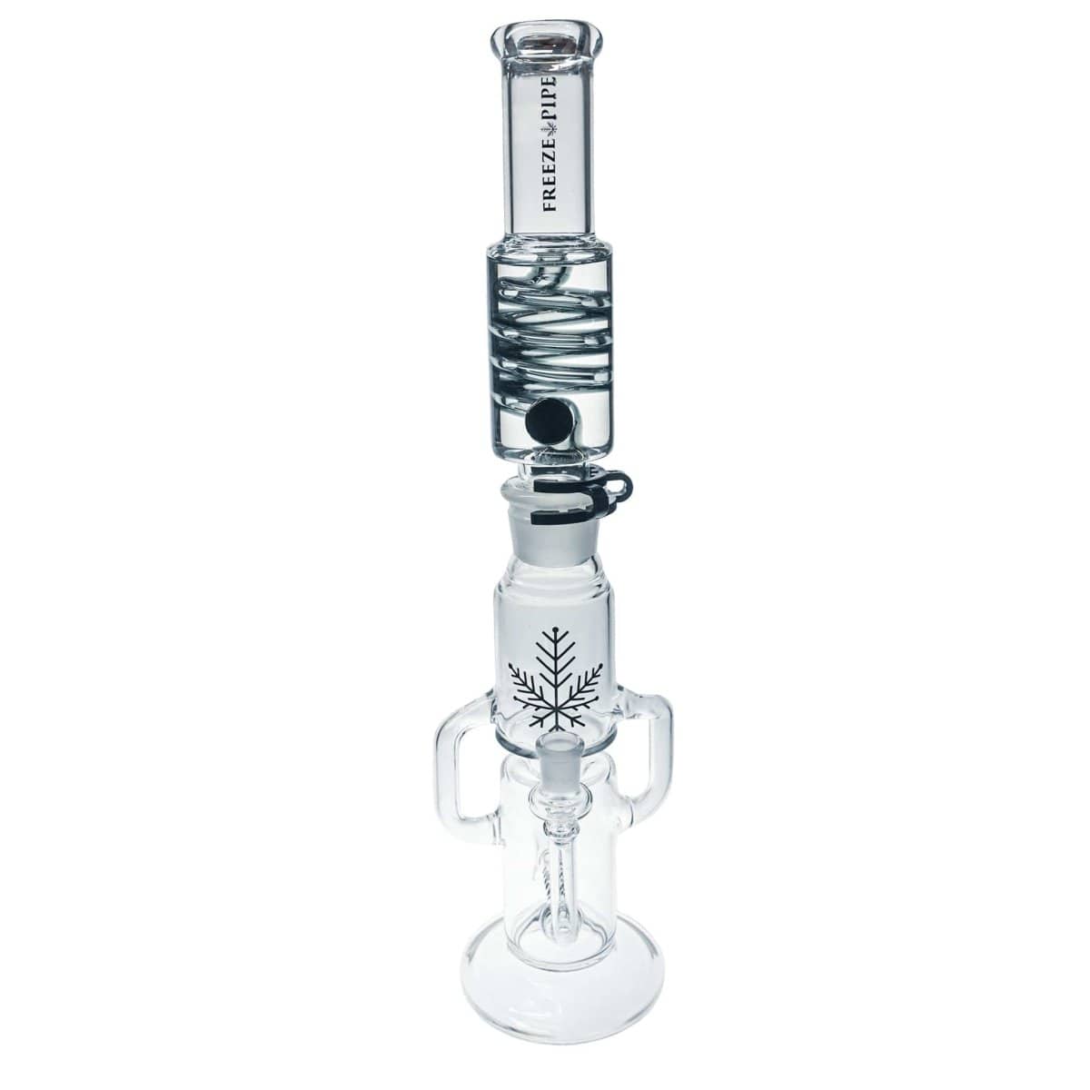 A three-quarter view of the Freeze Pipe Recycler Bong, showcasing its clear glass construction and intricate chamber design.