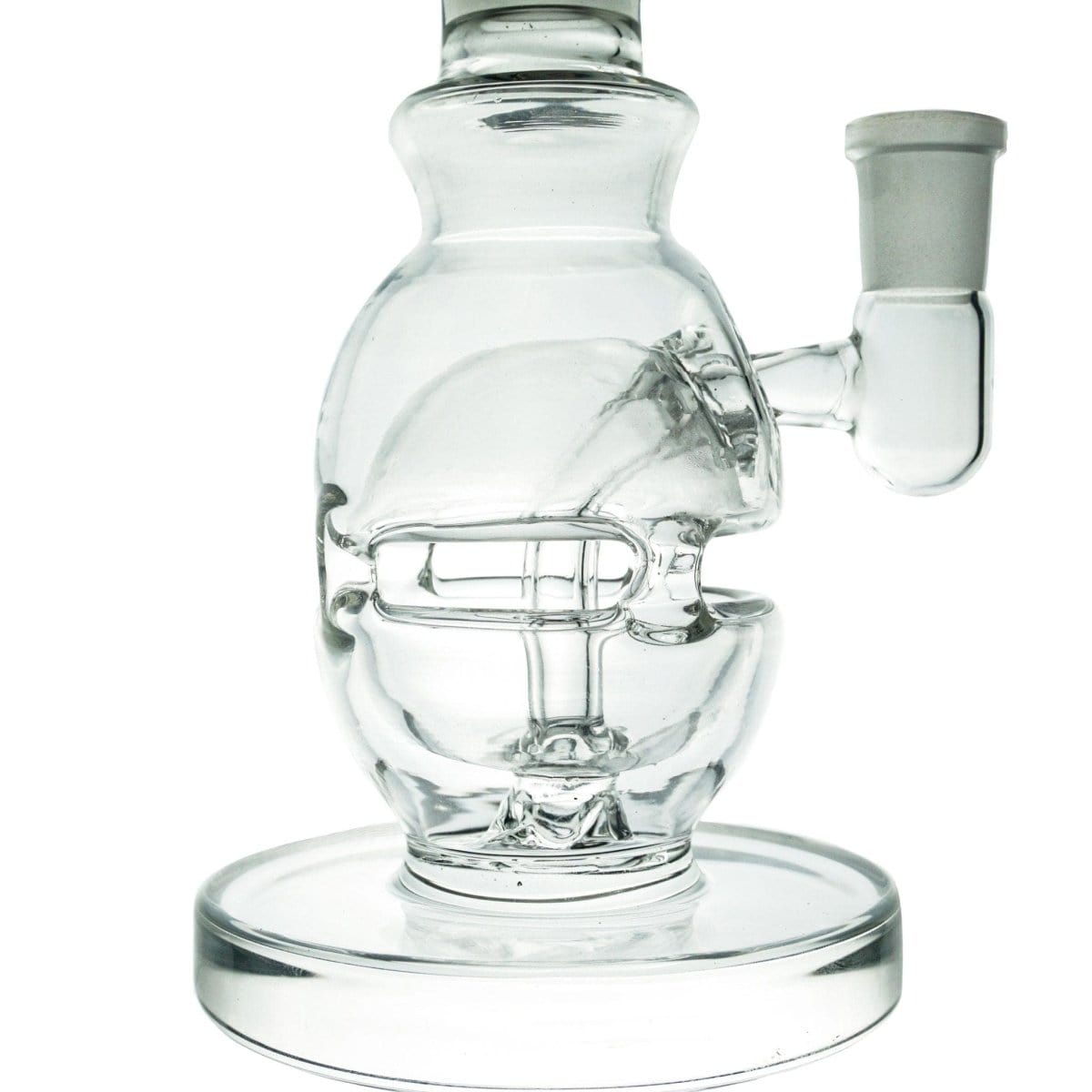 The Freeze Pipe Mini Rig is shown in a close-up, front view, highlighting its clear glass construction and compact size.