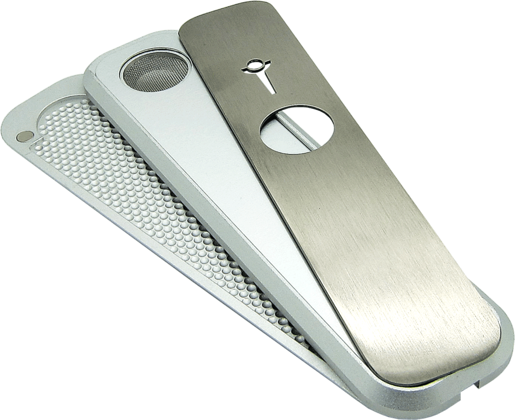 A close-up, angled view of the Genius Mini Silver, showcasing its sleek, metallic design and compact form.