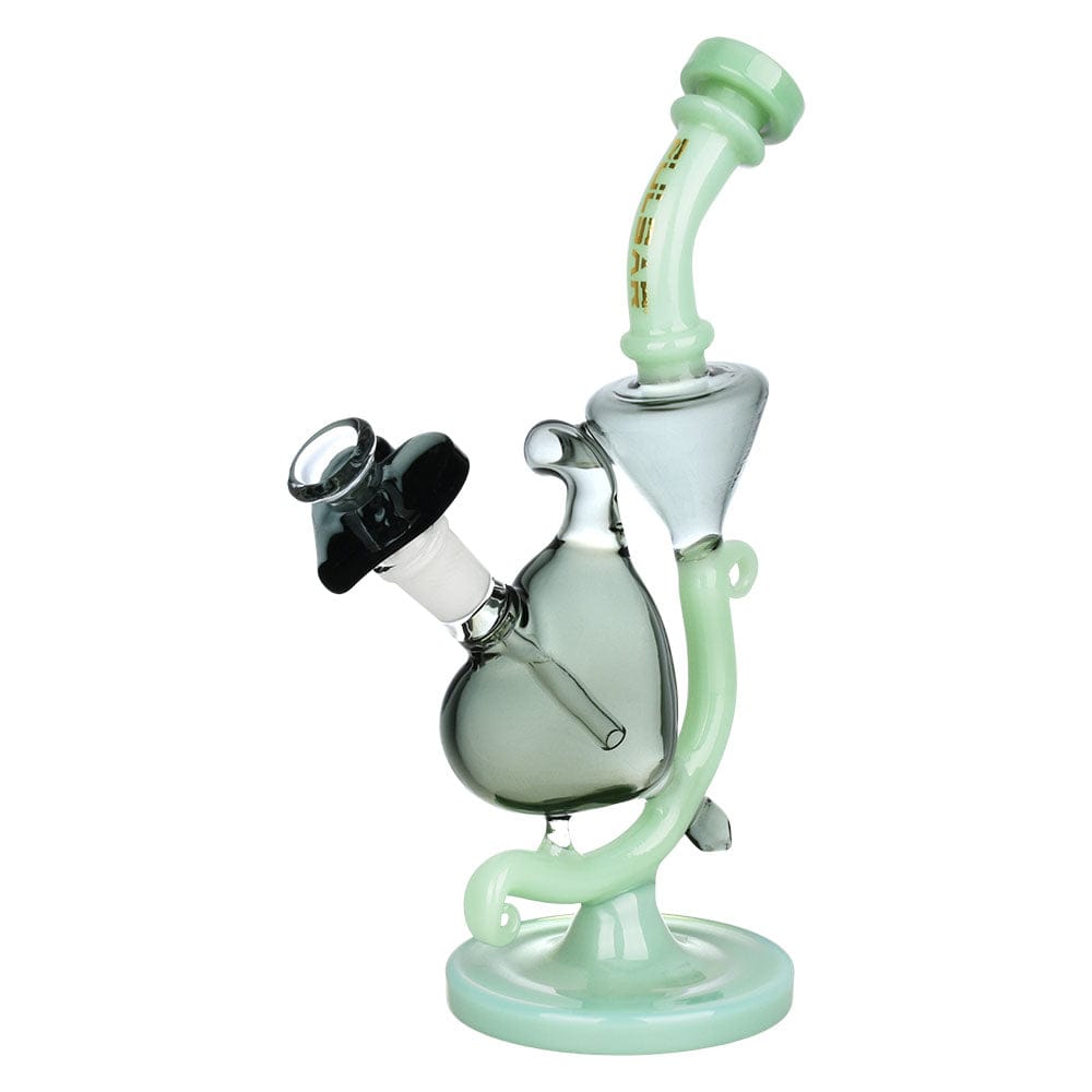 Front view of the Pulsar Heart Recycler Water Pipe, showcasing its clear glass construction and unique heart-shaped base.