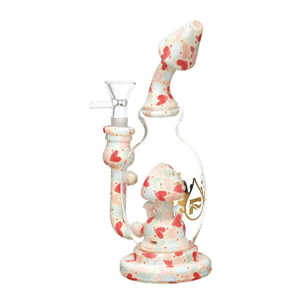 Front view of the Pulsar Shroom Celebration Water Pipe, a mushroom-shaped glass piece with a clear base and colorful accents.