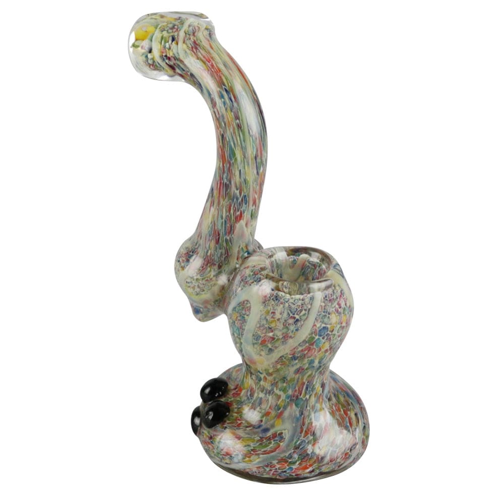 A front view of the Rainbow Speckled Glass Bubbler Pipe, showing a speckled glass design and curved form.