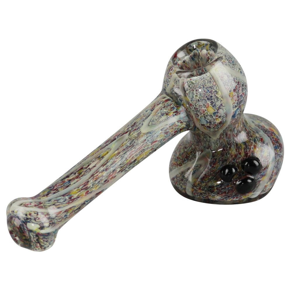 A close-up, angled view of the Rainbow Speckled Hammer Bubbler, showcasing its speckled glass design and compact shape.