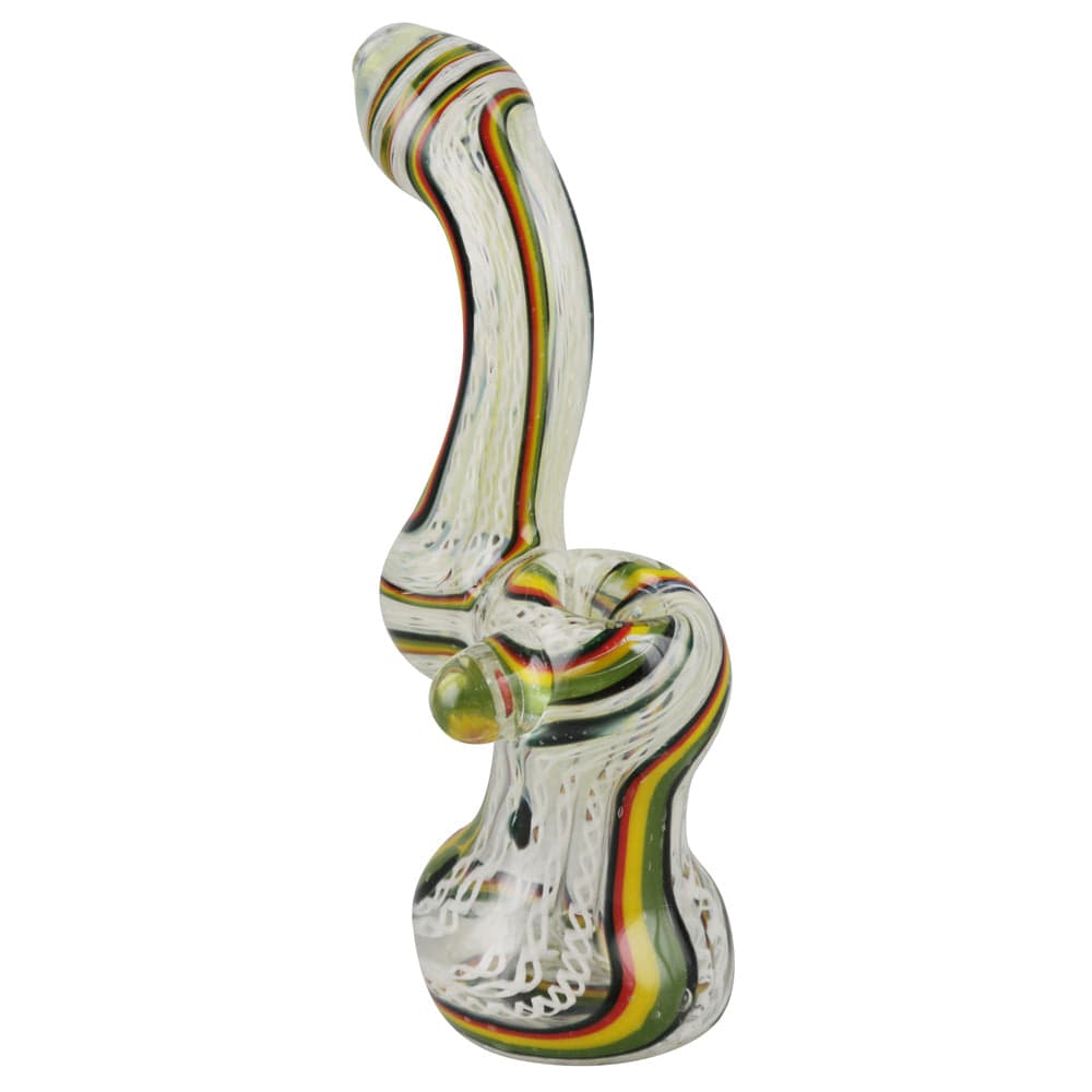A front view of the 7-inch Rasta Bubbler, showcasing its colorful glass construction and curved design.