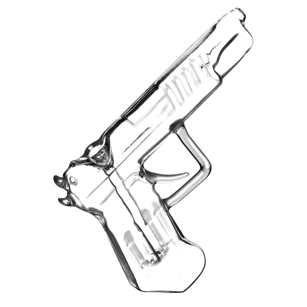 A side view of the Smoking Gun Glass Bubbler, featuring a clear glass design resembling a handgun.