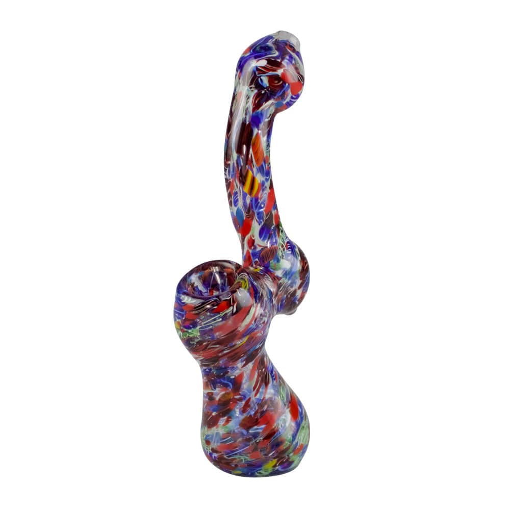 Front view of the Splatter Frit Bubbler Glass Pipe, showcasing its colorful frit pattern against a plain white backdrop.