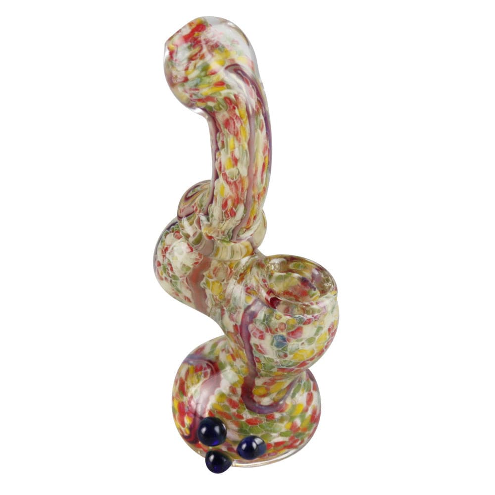 A front view of the Worked Beaded Mini Bubbler Pipe, showcasing its colorful glass beads and compact bubbler design.