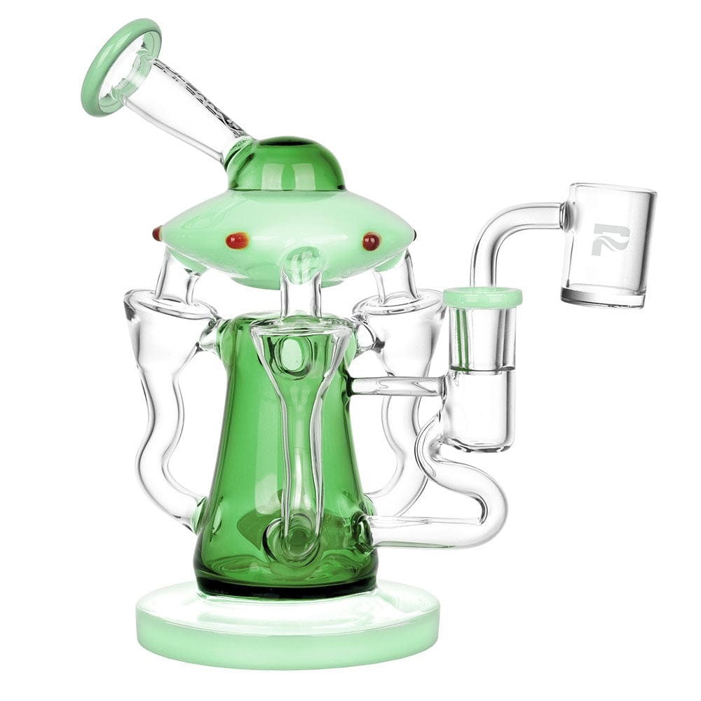 Front view of the Pulsar Friendly Visitors Recycler Dab Rig, a vibrant green glass piece with flowing curves and a circular base.