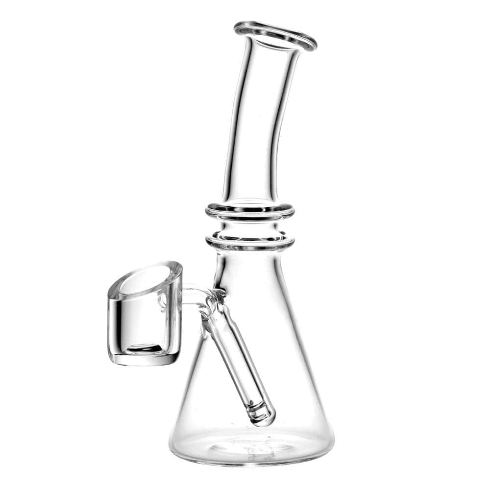 A three-quarter view of the Mini All-In-One Quartz Dab Rig with an angle cut banger, showcasing its compact size and clear glass construction.