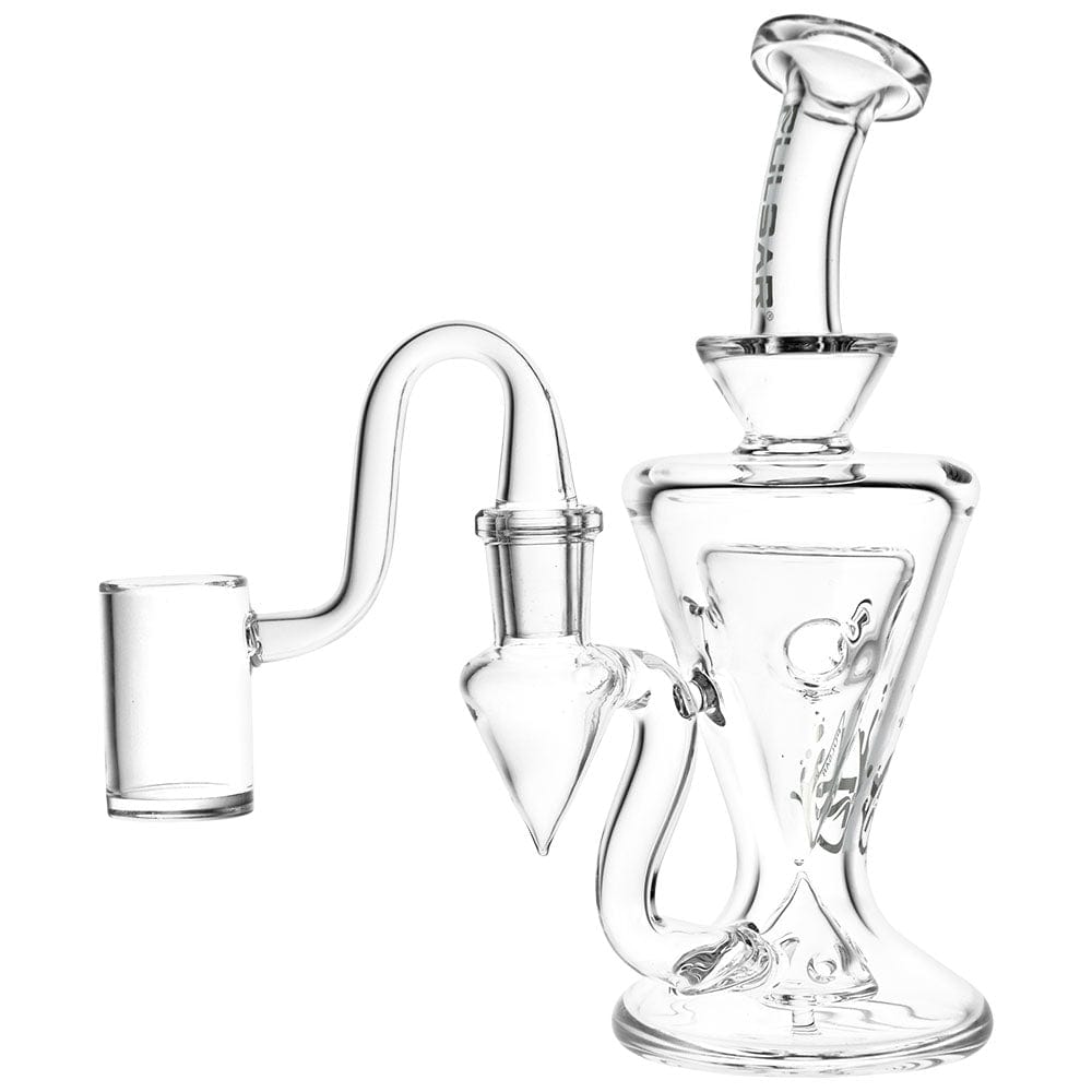 A side view of the clear Pulsar Chalice Dab Rig, showcasing its curved neck and joint, positioned against a plain white background.