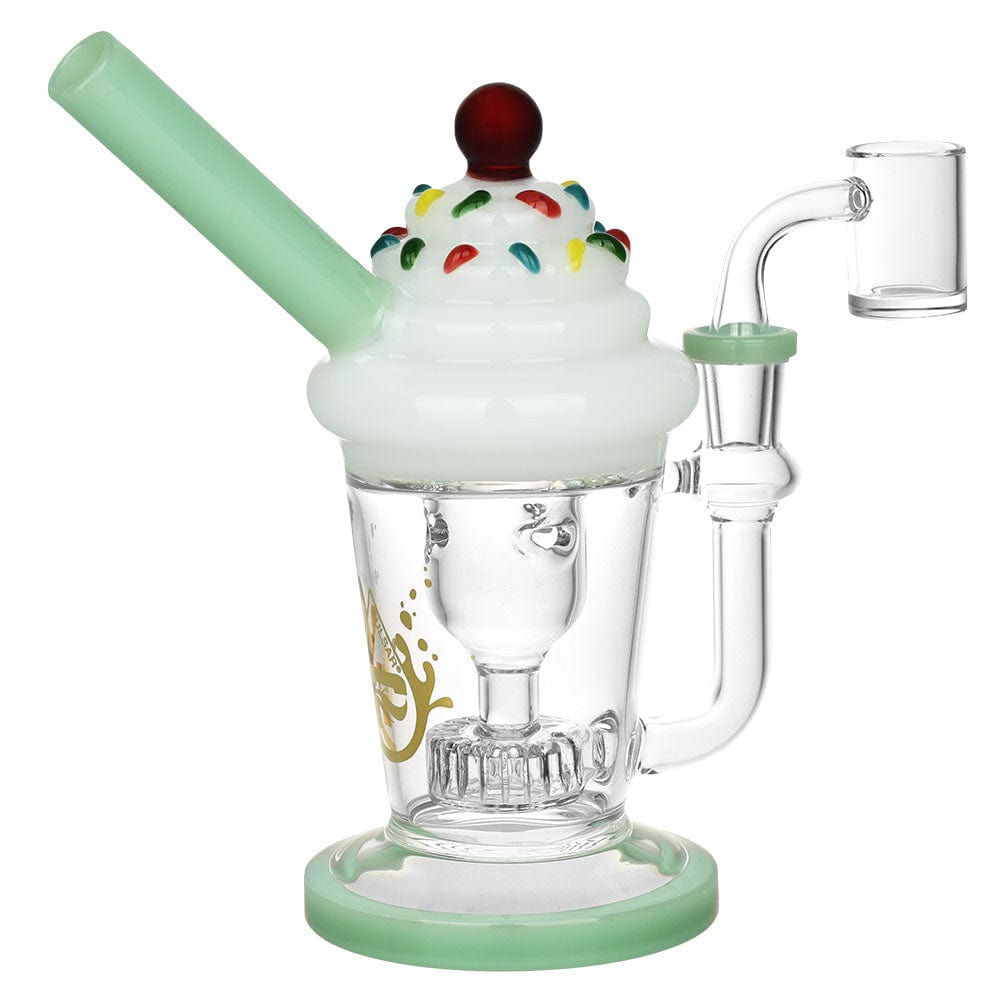 A three-quarter view of the Pulsar Cherry On Top Recycler Dab Rig, showcasing its colorful, layered top and clear glass base.