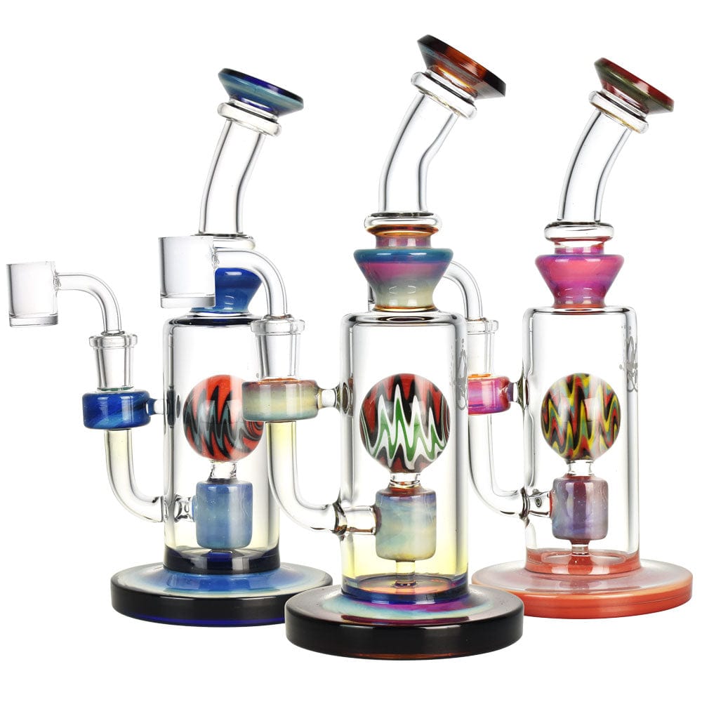 Front view of the Pulsar Jupiter Atmosphere Dab Rig, featuring a colorful glass design and a 14mm joint, set against a black background.