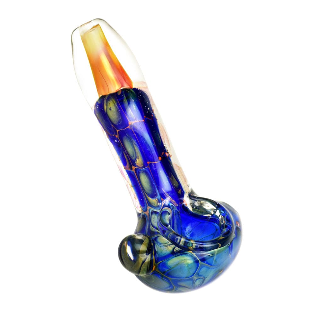 A detailed side view of the Metallic Fumed Glass Spoon Pipe- 3.75", showcasing its iridescent sheen and curved design.