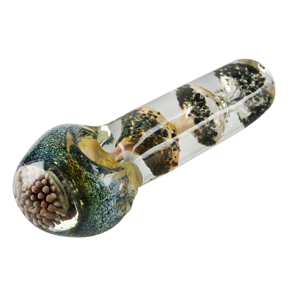 A close-up, angled view of the Fritted Glass Spoon Pipe, showcasing its colorful, textured glass construction.