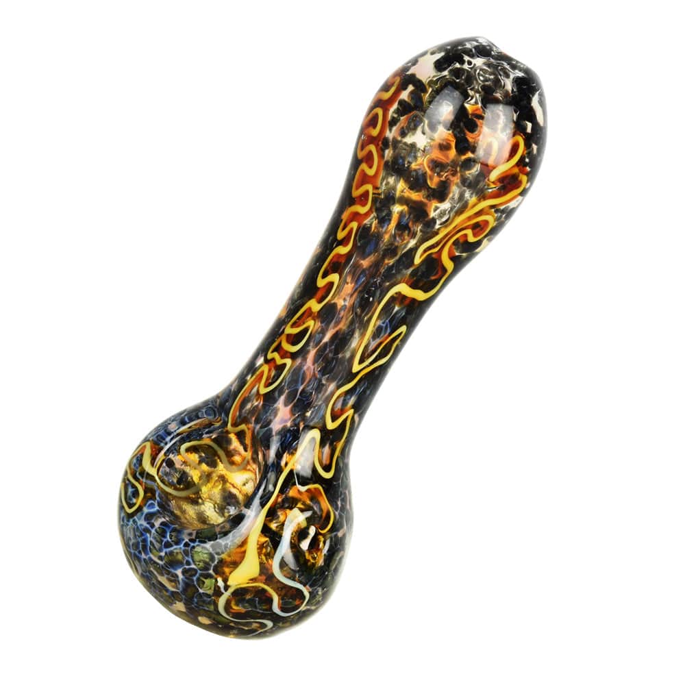A studio shot of the Fritted Squiggle Glass Spoon Pipe, displaying its colorful, speckled glass design from a slightly elevated angle.