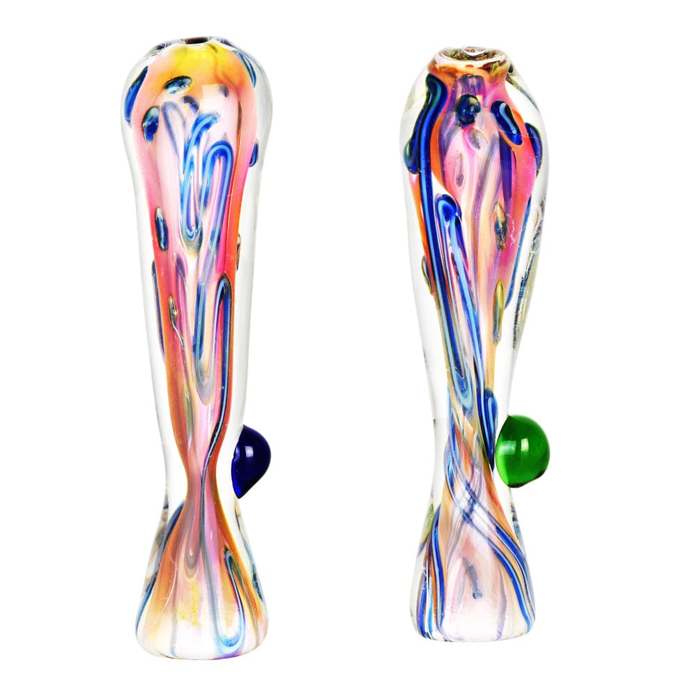 A front view of the Fumed Tropical Sunset Glass Taster, showcasing its colorful, blended glass and smooth, rounded shape.